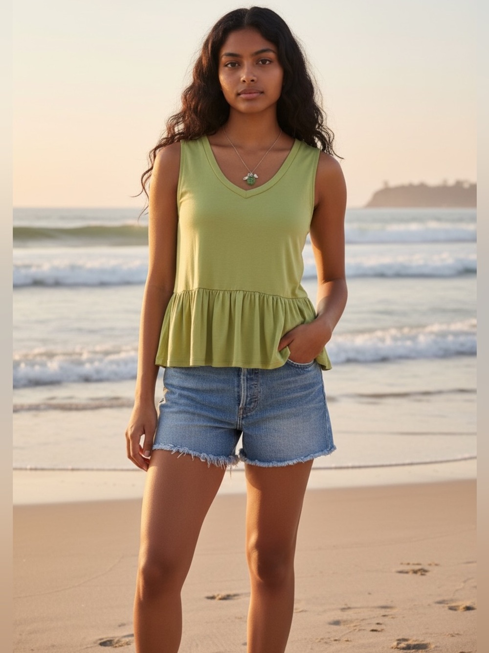Double Zero Olive Green Peplum Tank Top Medium Sleeveless V Neck Boutique brand